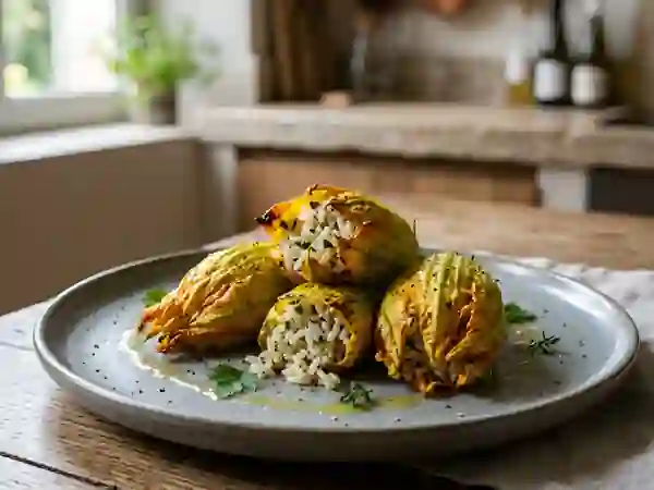 Fleurs de courgettes farcies au riz crémeux - Photo de présentation