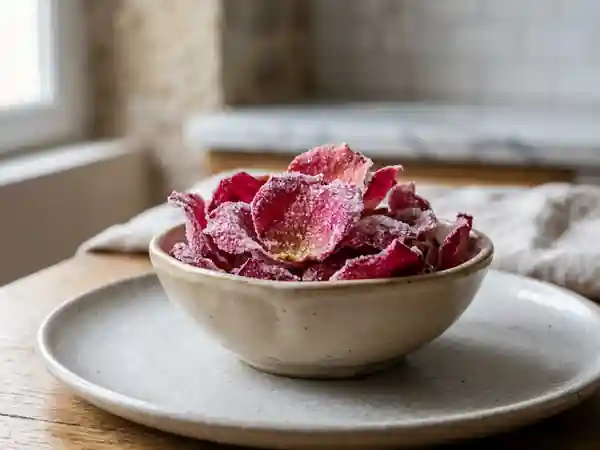 Pétales de roses givrés au sucre - Photo de présentation
