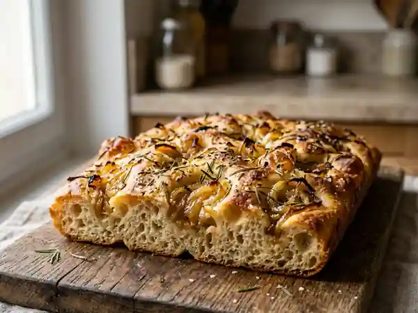 Focaccia moelleuse aux oignons caramélisés - Photo de présentation