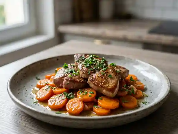 Foie de lapin poêlé sur lit de carottes fondantes - Photo de présentation