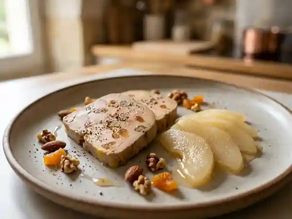 Foie gras fondant, fruits secs et poires - Photo de présentation