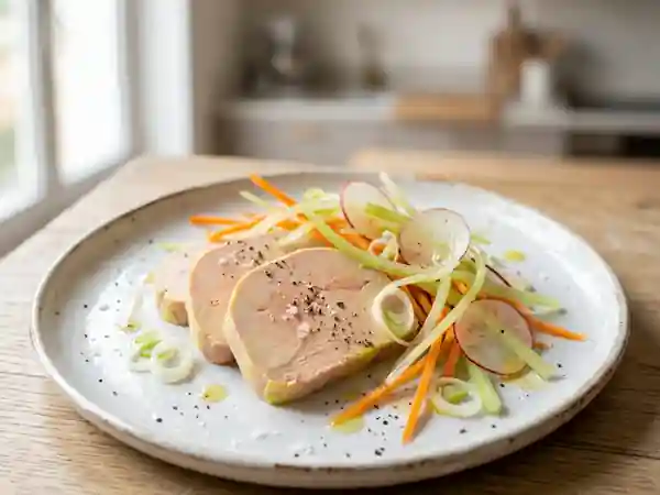 Foie gras de canard cru aux légumes frais : recette gourmande et raffinée - Photo de présentation
