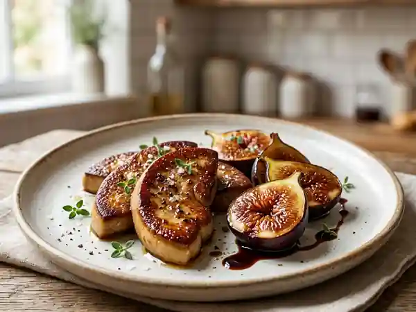 Foie gras poêlé aux figues fraîches et réduction de vinaigre balsamique - Photo de présentation
