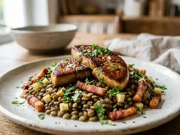 Foie gras poêlé aux pommes et lentilles fumées - Photo de présentation