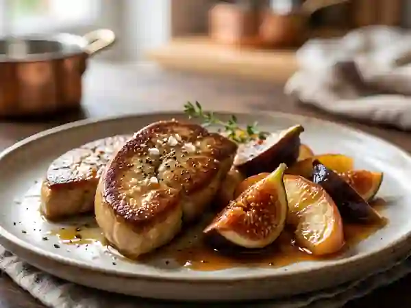 Foie gras poêlé, figues et pommes fondantes - Photo de présentation