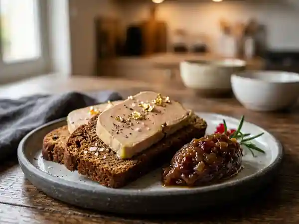 Foie gras fondant sur pain d'épices et dattes - Photo de présentation