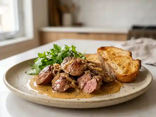 Foies de volaille flambés, sauce onctueuse - Photo de présentation