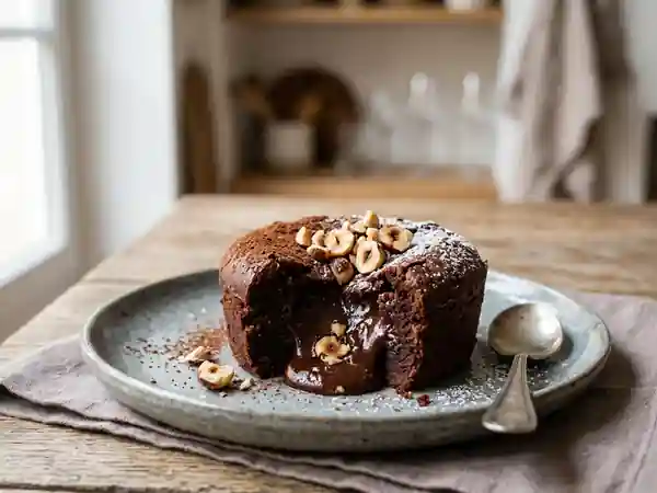 Fondant au cacao intense et noisettes croquantes - Photo de présentation