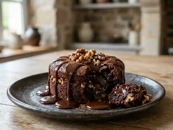 Fondant aux noix gourmand avec coulis de chocolat intense - Photo de présentation