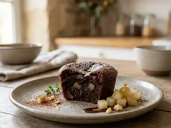 Fondant chocolat, poire et cœur pâte d'amande - Photo de présentation