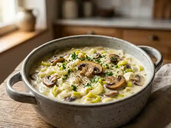 Fondue de poireaux crémeuse aux champignons - Photo de présentation