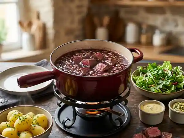 Fondue vigneronne traditionnelle au vin rouge - Photo de présentation