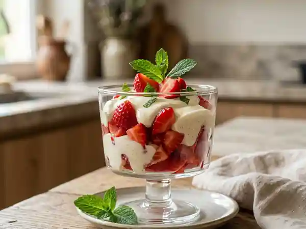 Fraises fraîches à la crème citronnée et menthe - Photo de présentation
