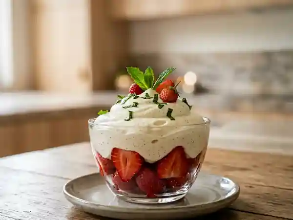 Fraises fraîches à la mousse légère de fromage blanc - Photo de présentation