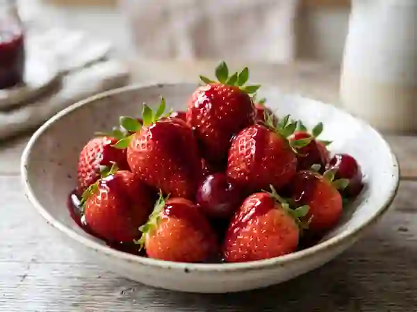 Fraises fraîches et coulis de cerises acidulé - Photo de présentation