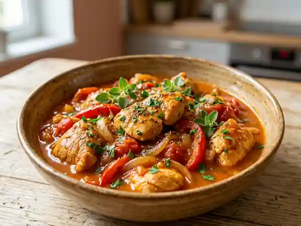 Dinde mijotée aux poivrons et tomates juteuses - Photo de présentation