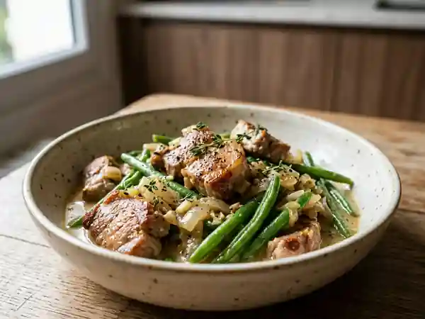Fricassée de porc crémeuse aux haricots verts - Photo de présentation