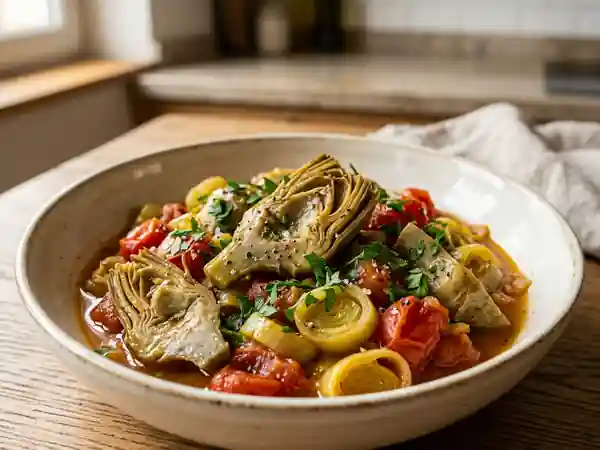 Fricassée savoureuse d'artichauts, poireaux et tomates fraîches - Photo de présentation