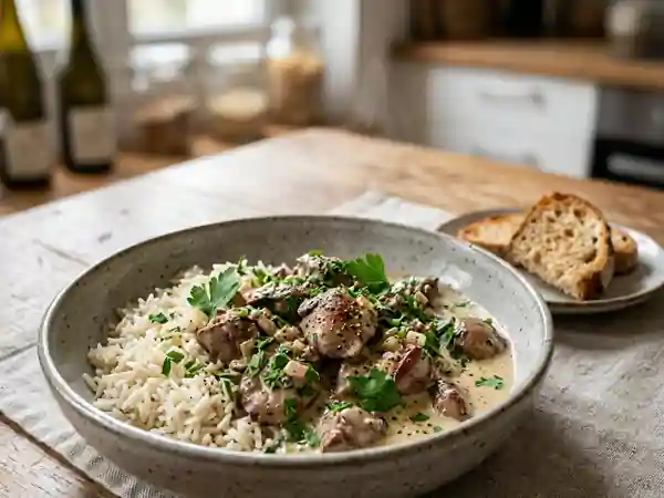 Fricassée savoureuse de foies de volaille à la crème - Photo de présentation