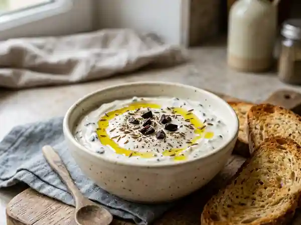 Crème de fromage blanc au cumin et olives noires - Photo de présentation