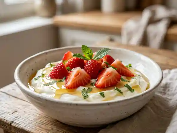 Fromage blanc au miel et fraises : dessert frais et gourmand - Photo de présentation
