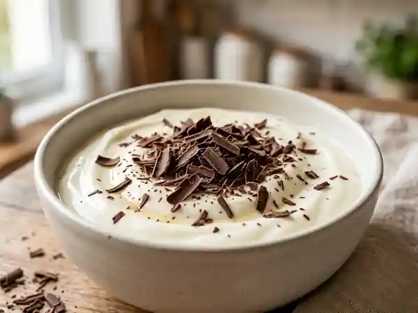 Fromage blanc velouté et copeaux de chocolat noir - Photo de présentation