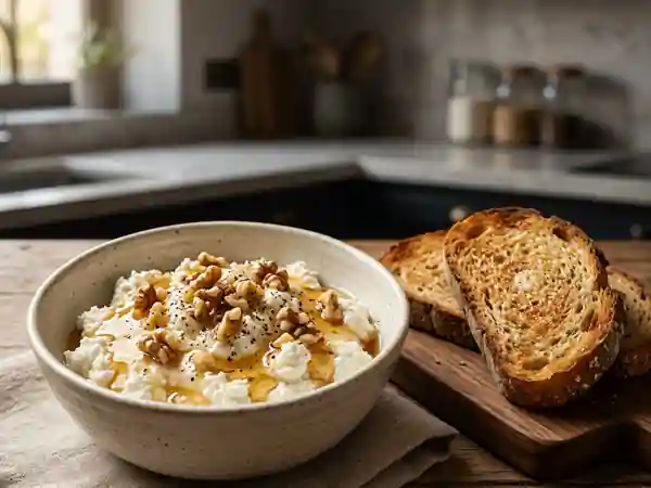 Chèvre frais crémeux au miel et noix croquantes - Photo de présentation