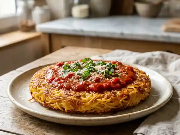 Galette de pâtes dorée au fromage et tomate - Photo de présentation