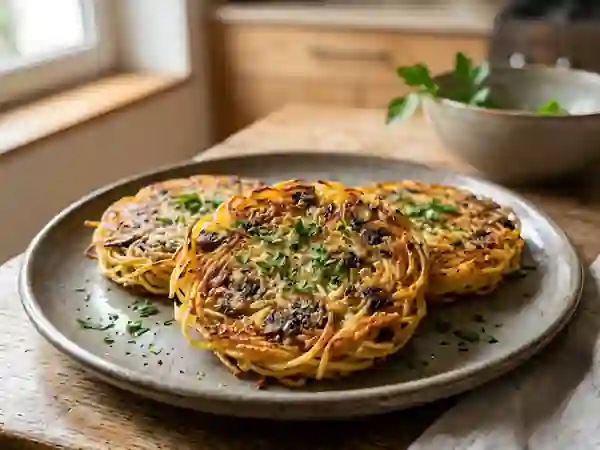 Galettes de spaghetti dorées aux champignons - Photo de présentation