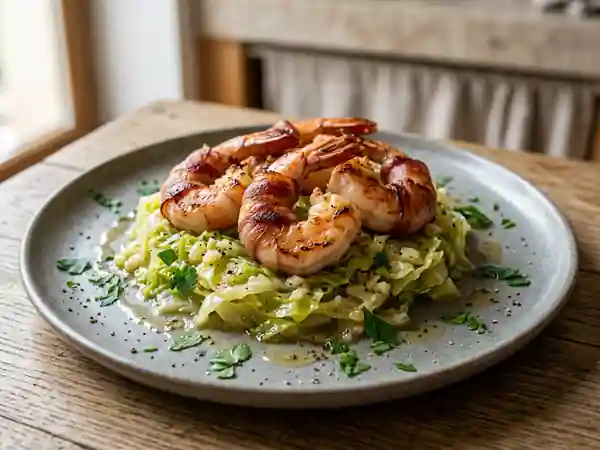 Gambas au lard croustillant et chou fondu - Photo de présentation