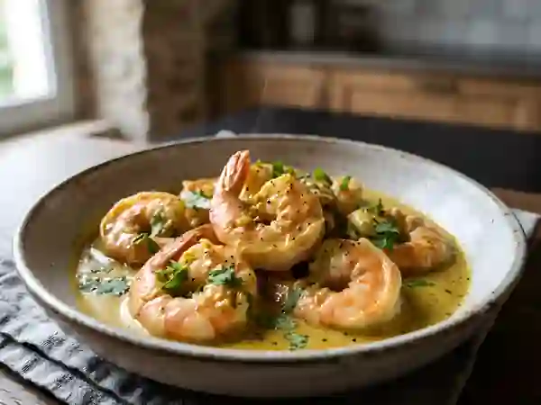 Gambas flambées à la crème de curry - Photo de présentation