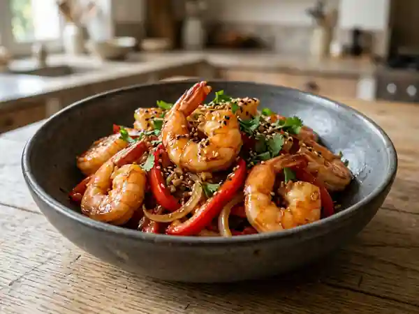 Gambas sautées sucré-salé au miel et soja - Photo de présentation