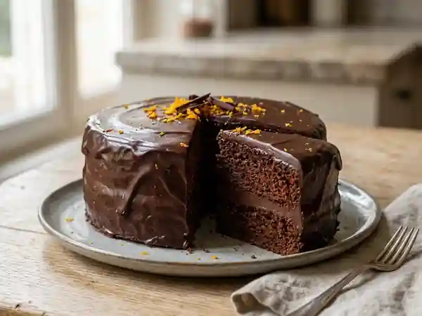 Layer cake fondant orange et chocolat noir - Photo de présentation