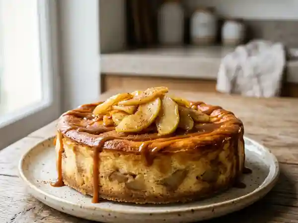 Gâteau fondant au fromage et pommes caramel - Photo de présentation