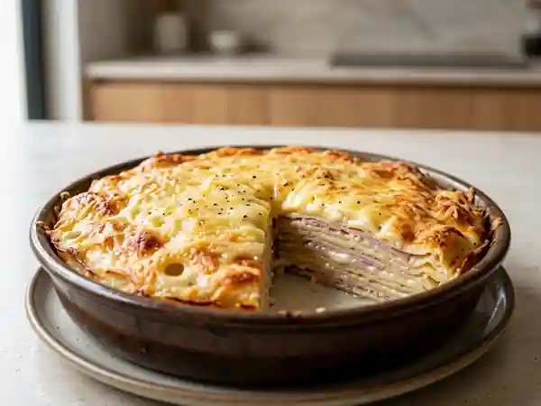Mille-feuille de crêpes jambon-fromage fondant - Photo de présentation