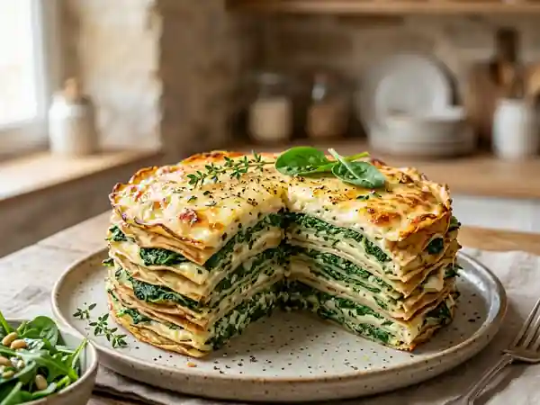 Gâteau de crêpes fondant épinards et fromage - Photo de présentation