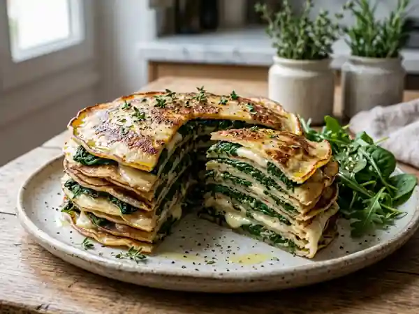 Gâteau de crêpes fondant épinards et chèvre - Photo de présentation