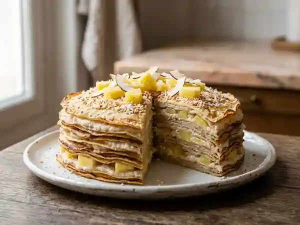 Gâteau de crêpes fondant ananas et coco - Photo de présentation