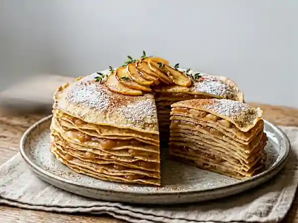 Gâteau de crêpes moelleux à la compote de pommes maison - Photo de présentation