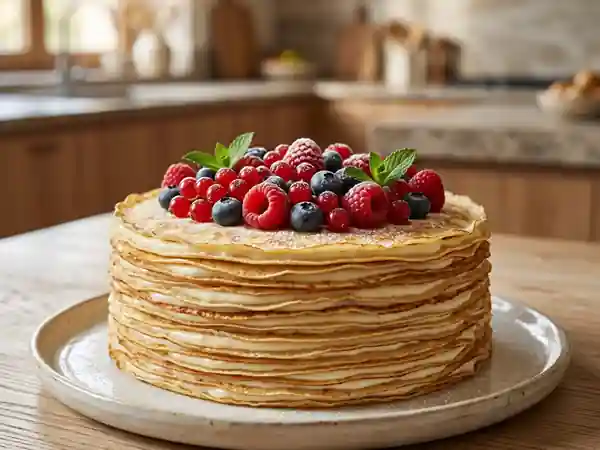 Gâteau de crêpes crémeux et fruits rouges - Photo de présentation