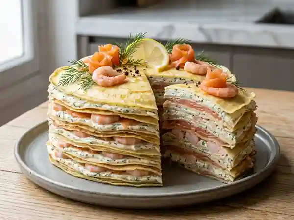 Gâteau de crêpes iodé au saumon et aneth - Photo de présentation
