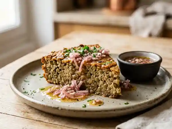 Gâteau de lentilles vertes du Berry accompagné de sa vinaigrette d'échalotes - Photo de présentation