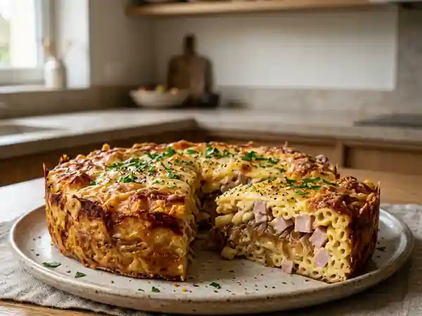 Gâteau de pâtes savoureux au jambon et oignons caramélisés - Photo de présentation