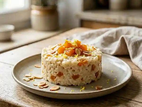 Gâteau de riz fondant aux abricots et amande - Photo de présentation