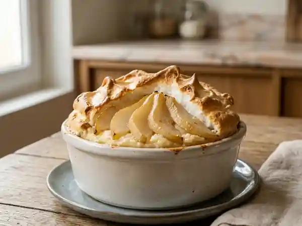 Gâteau de riz meringué aux poires fondantes : dessert gourmand et léger - Photo de présentation