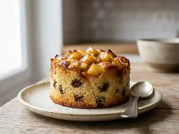 Gâteau de semoule fondant aux raisins et poires caramélisées - Photo de présentation