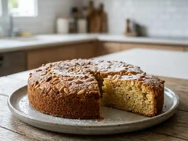 Gâteau fondant aux amandes et pignons dorés - Photo de présentation