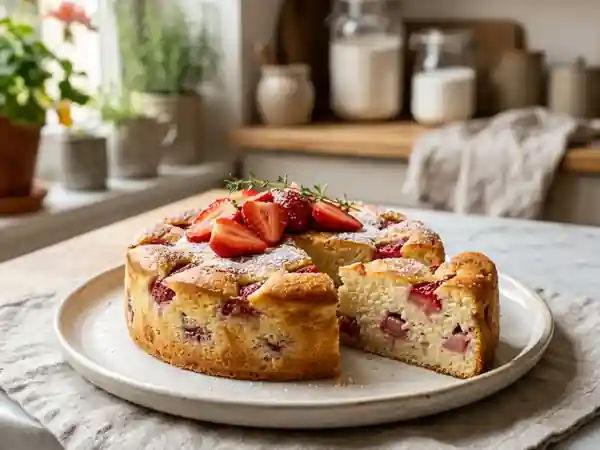 Gâteau fondant au fromage blanc et fraises - Photo de présentation