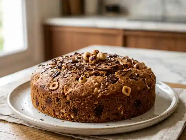 Gâteau moelleux à la farine de châtaigne, noisettes et chocolat - Photo de présentation