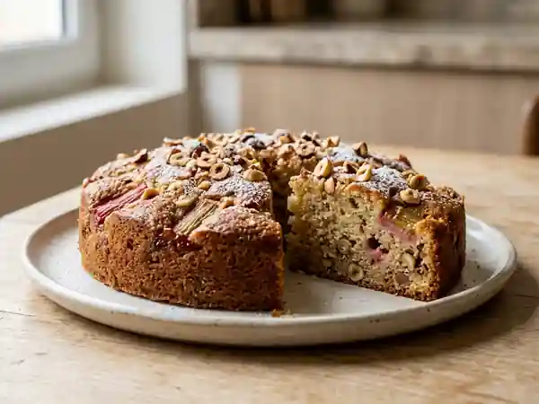 Gâteau moelleux à la rhubarbe et aux noisettes : recette gourmande et facile - Photo de présentation